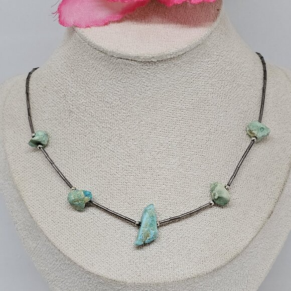 Southwestern Turquoise Nugget Liquid 925 Sterling Silver Necklace Choker 15" - Picture 2 of 11